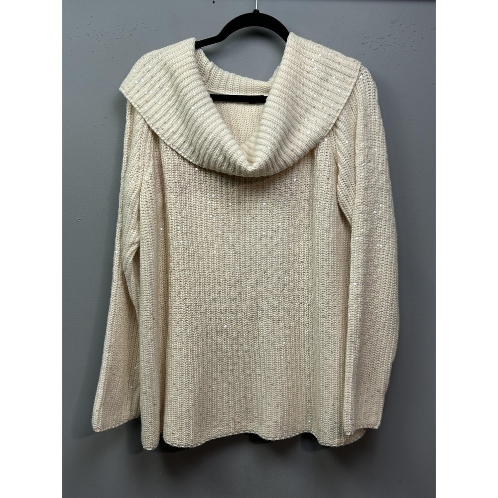 Talbots Sweater Womens Large White Cowl Neck Sequin‎ Knit Pullover Long Sleeve